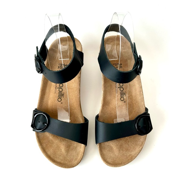 Birkenstock Papillio Soley Wedge Sandal Black Leather Ankle Strap Size 38 - Picture 8 of 10